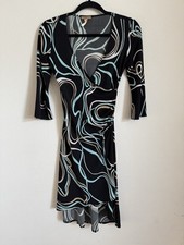 Vintage Y2K Black Turquoise Kona Knee Length Faux Wrap Dress Size Small
