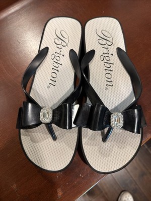 BRIGHTON Women Size 10 Sandals Black Bow BOWIE Platform Wedge W/ Bling Flip flop