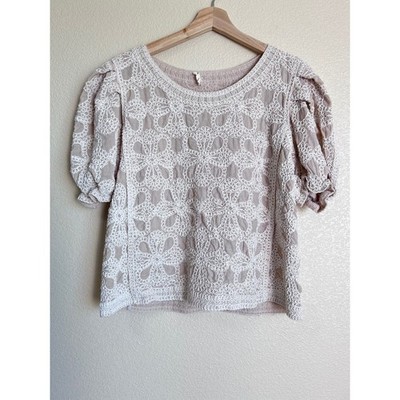 Solitaire Womens Floral Crochet Lace Puff Sleeve Blouse Mauve Taupe Small