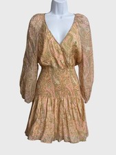 MINKPINK Catalina Smocked Waist Mini Dress Size S Pink Green Paisley Coquette