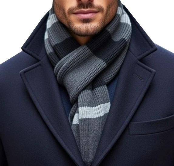 BEN SHERMAN | Mens Womens Unisex Grey Black Block Stripe Warm Knit Winter Scarf