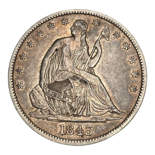 WOW 1843 P SEATED LIBERTY HALF DOLLAR US SILVER COIN XF+ DIE CRACK PHILADELPHIA