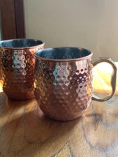 Set 2 Hammered Copper Moscow Mule Cups OGGI w/ Brass Handle Cocktail Barware