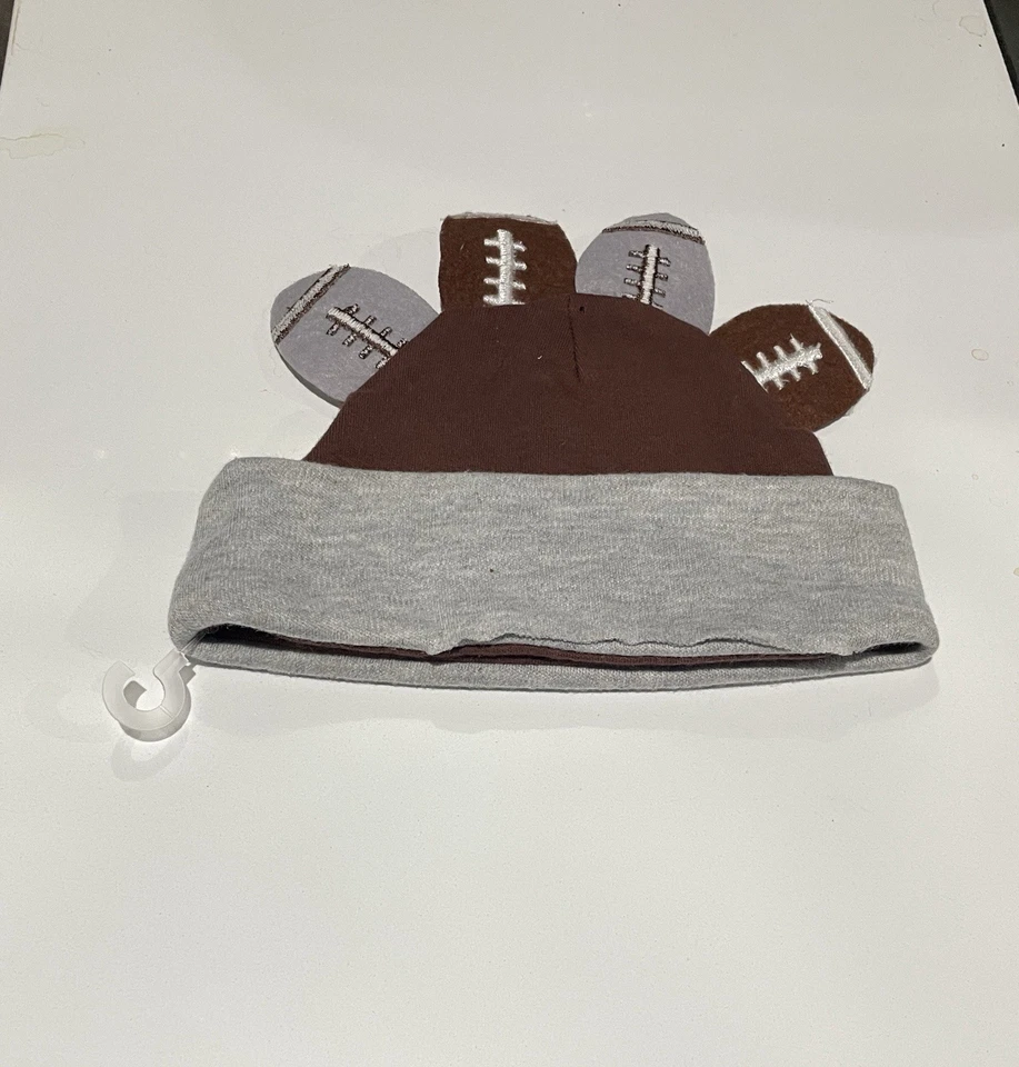 Turkey & Touchdowns Brown and Gray Baby Hat 0-6 Baby Essentials Thanksgiving NWO - Image 2 of 4