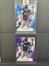 Evan Carter Lot (2) 2025 Topps Pristine – Blue /75 &amp; Purple /99 – Rangers