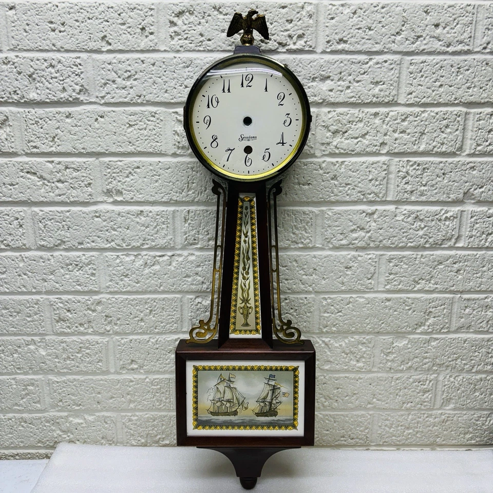 Antique Sessions Banjo Clock Wood Case w/ Ships & Top Brass Eagle 25" •4 REPAIR‼ - Image 1 of 4