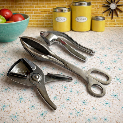 Vintage Kitchen Utensils Set of 3 | Handheld Lemon Juicer, Scissor Salad Tongs