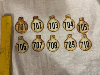 Vtg Rusty Metal Livestock Ear Tags Double Sided Lot Lot of 10 Cow Number