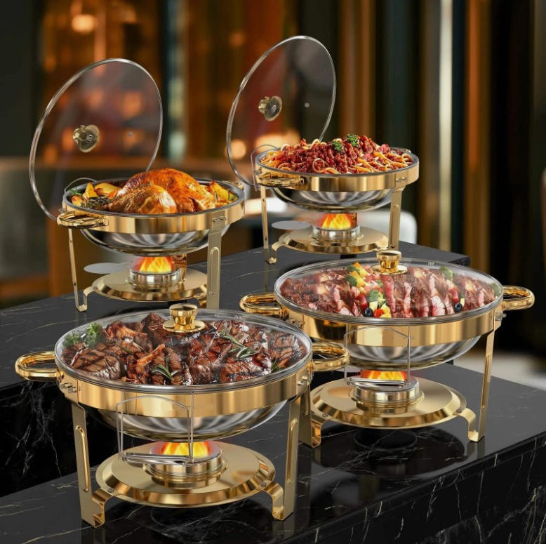 4 Pack 9QT 316 Stainless Steel Round Chafing Dishes for Buffet & Parties