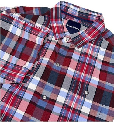 Tommy Bahama 100% Silk Red Blue Plaid Button Up Short Sleeve Shirt Beach Men s L
