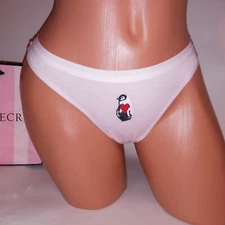 Victoria Secret Panty Thong Solid Pink Penguin Heart VS Logo Banded New 