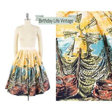 Vintage 1950s Skirt 50s Windmill Seascape Novelty Border Print Cotton Full Swing