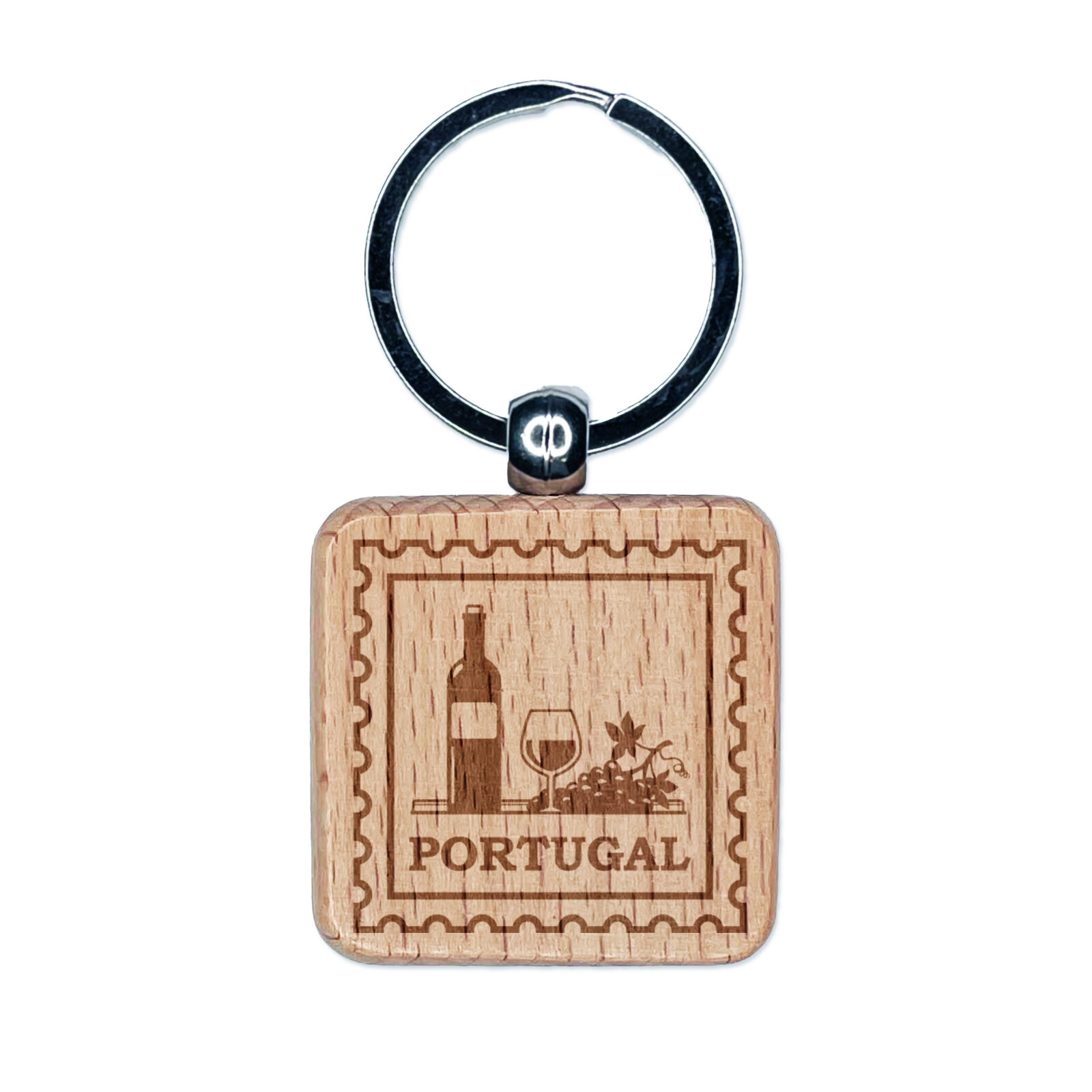 Portugal Travel Port Wine Grapes Engraved Wood Square Keychain Tag Charm