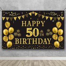 Trgowaul 50th Birthday Backdrop Gold and Black 5.9 X 3.6 Fts Happy Birthday P...
