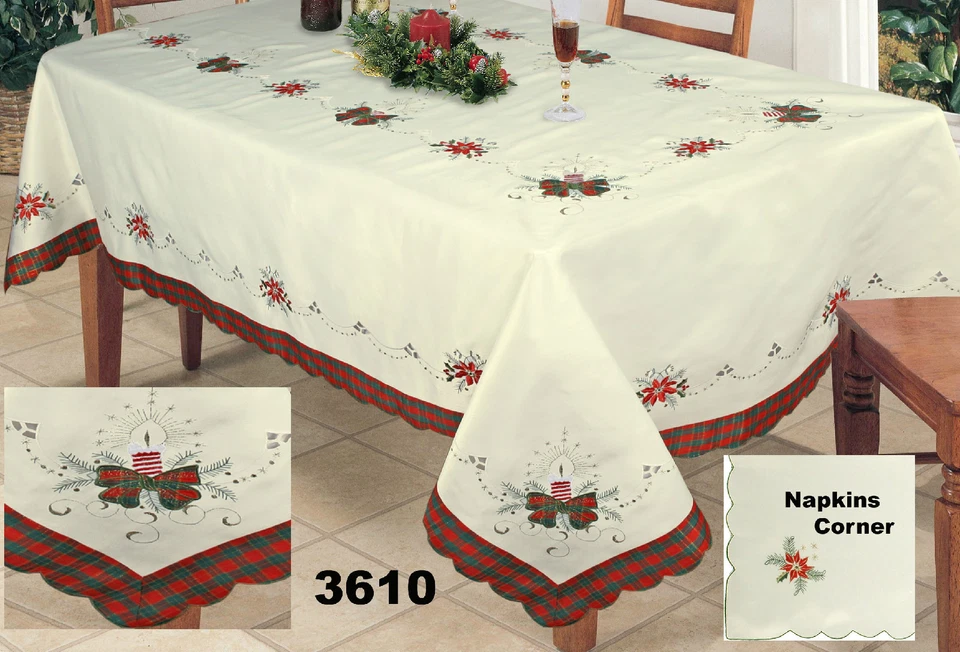 Christmas Embroidered Poinsettia Candle Tablecloth With Napkins Holiday 3610 - Image 3 of 4