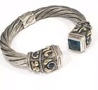 Rare! 14K Yellow Gold Accents 925 Sterling Silver Hinged Cuff Bracelet, Blue Czs