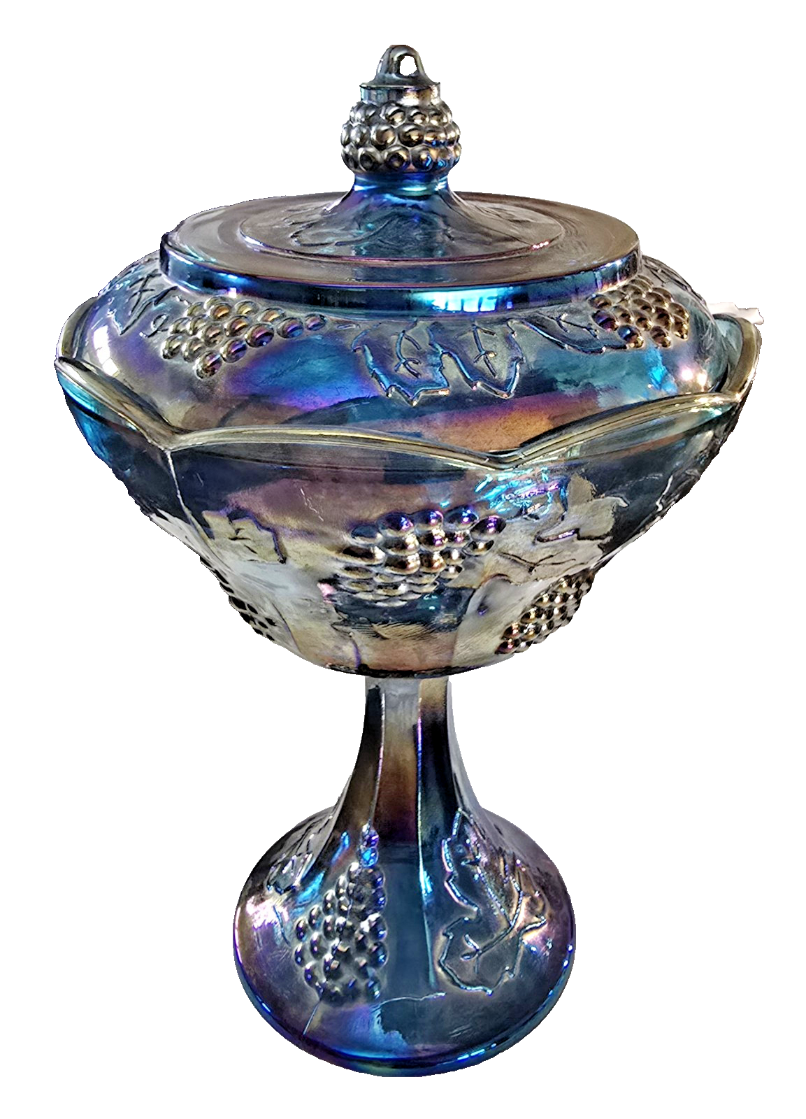 Carnival Glass Covered Pedestal Compote Blue Harvest Grape Indiana Glass 11