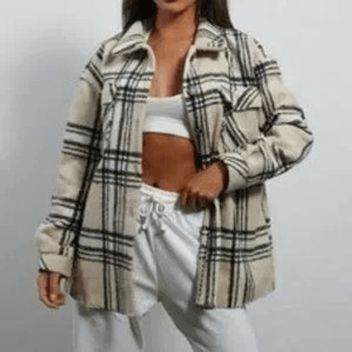 Missguided Oversized Cream & Black Plaid Shacket Shirt Jacket