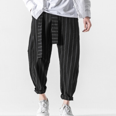 Herren Leinen Gestreift Hose Chinesisch Kung Fu Tai Chi Training Wushu Vintage