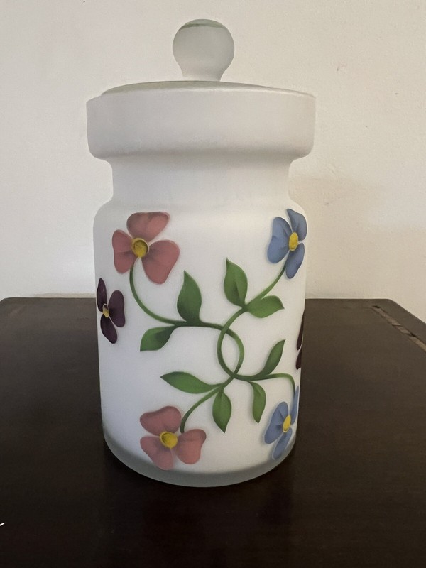 Norleans Italy Frosted Glass Hand Painted Floral 7 3/4” Canister Jar with Lid