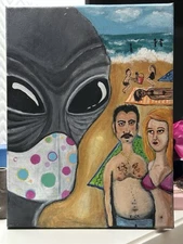 Covid alien At The Beach Outsider Art Original Painting On Canvas