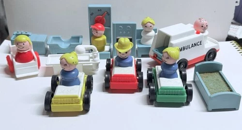 20 pc Vtg 70s Fisher Price Little People Ambulance Hospital Wheelchair Cars Lot