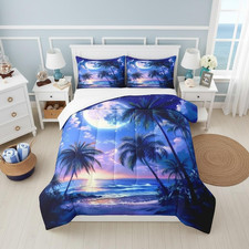 Tropical Palm Trees Comforter Set with Starry Ocean Moon, Full Size