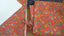 2 Vintage Cotton FABRIC Pcs Green, Yellow, Blue Floral on Orange-Red