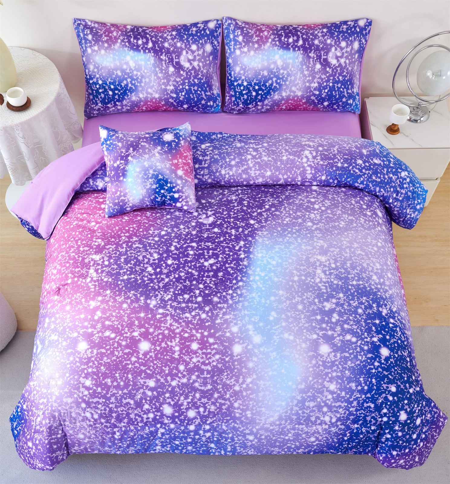 RYNGHIPY Girls Full Bedding Set Purple Rainbow Comforter Kids 6 Piece Sparkle