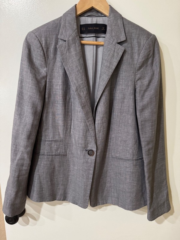 Zara Basic Women Gray Linen Tailored Blazer Suit Jacket Lined sz M