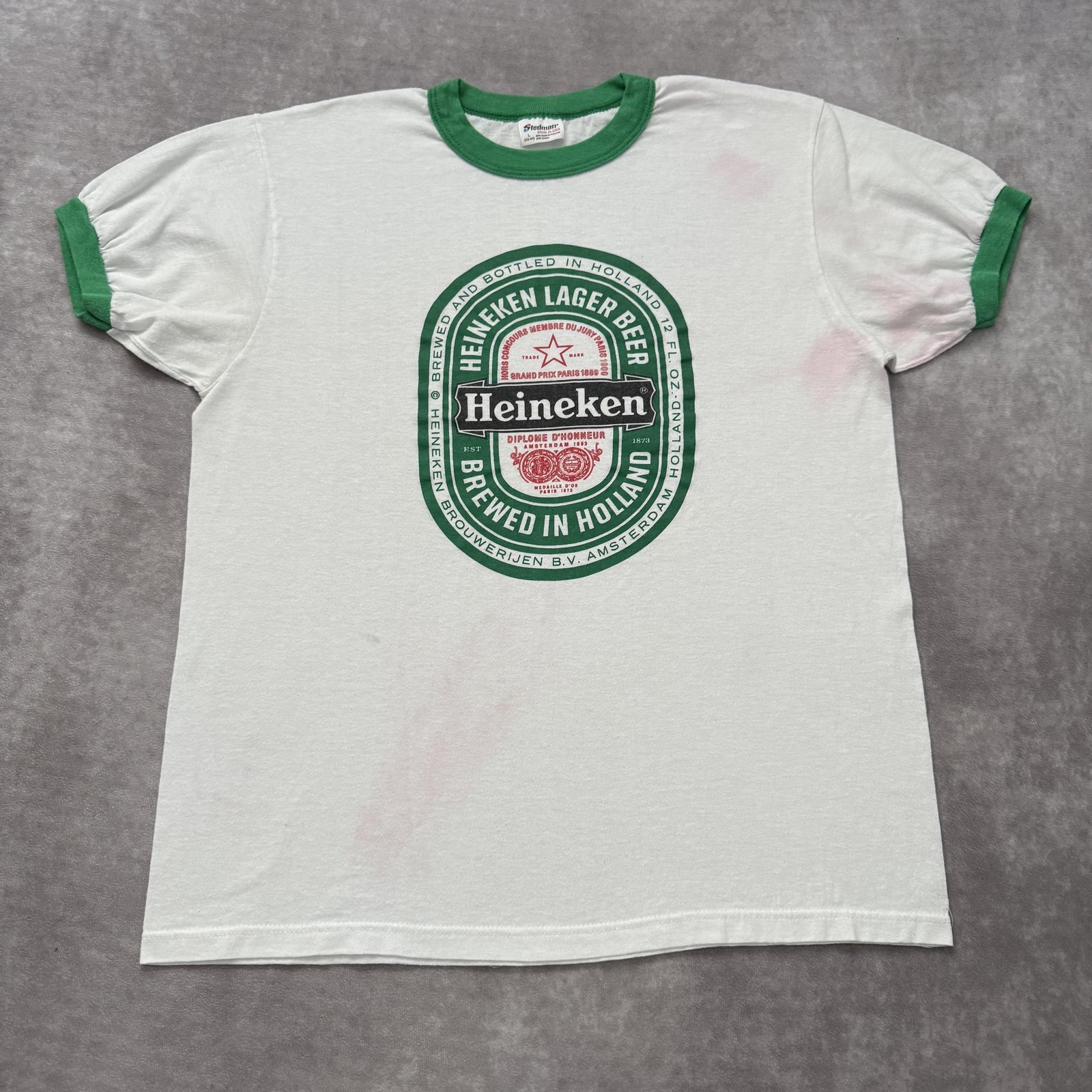 Vintage 80s Heineken Shirt Mens Large White Ringer Made USABeer Graphic