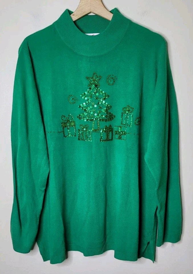 Quacker Factory Christmas Sweater Green Beaded Sequin Holiday Tree Size 2X NWT - Image 3 of 4