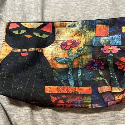 Cat Print Pouch With Black Cat And Flowers