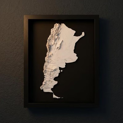 3D Argentina Map Wall Art: Topography in Black Wood Frame