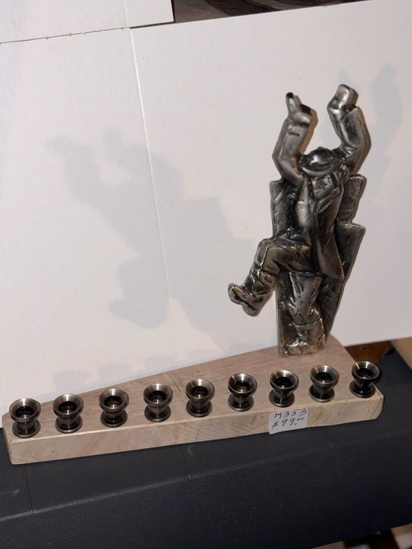 Pewter Silver On Brass On Stone Hanukkah Menorah Made In Israel