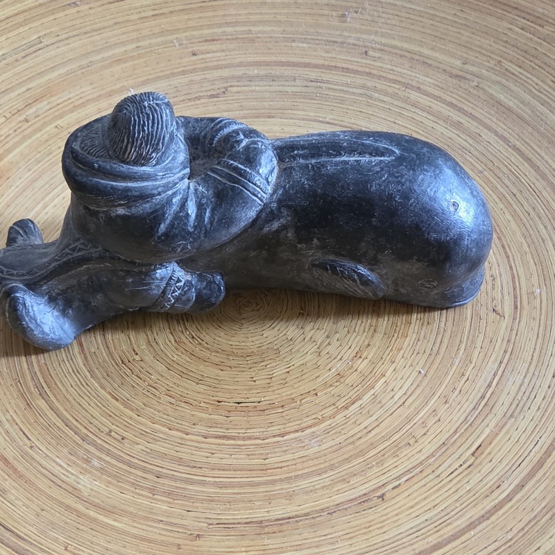 Vintage Hand-Carved Stone BLACK Whale & Rider Sculpture A. Wolf Original Canada