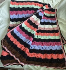 Vtg Handmade Crochet Chevron Zig Zag Throw Blanket Afghan 61"x54" Colorful
