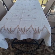 Vintage Linen Tablecloth 55" X 75" Embroidered Autumn Wheat Scalloped Edges