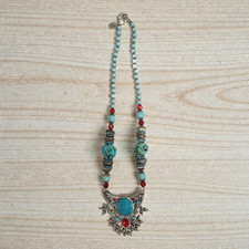 Boho Statement Necklace Silver Tone Faux Turquoise Red Bead Ethnic Bib Choker