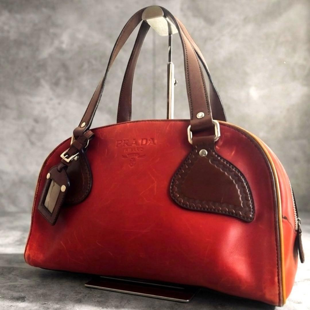 PRADA Archive Leather Bowling Bag Y2K Red Brown Vintage Authentic