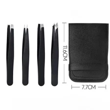 4 Piece Set of Professional Tweezers Black Plucker Stainless Steel With Case