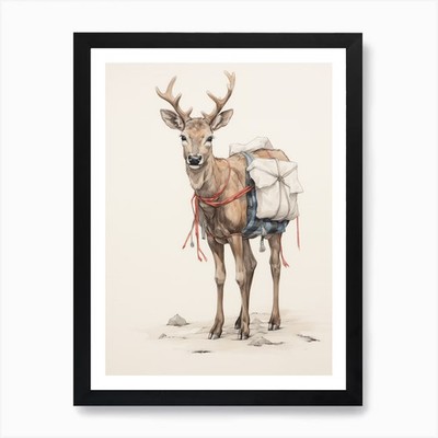 Storybook Animal Watercolour Caribo Framed Wall Art Poster Canvas Print Picture