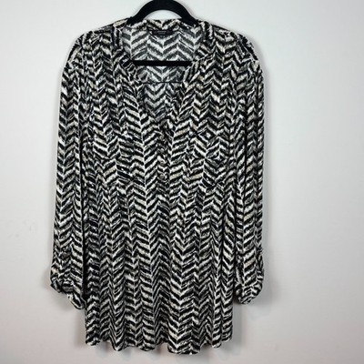 Cocomo Black White Liquid Knit Stretch Roll Tab Sleeve Blouse Womens 3X Comfort