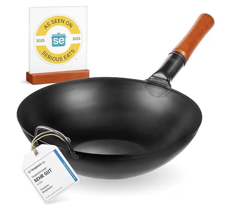 YOSUKATA Black Carbon Steel Wok Flat Bottom Pan Pre-Seasoned 13.5"/34cm NEW