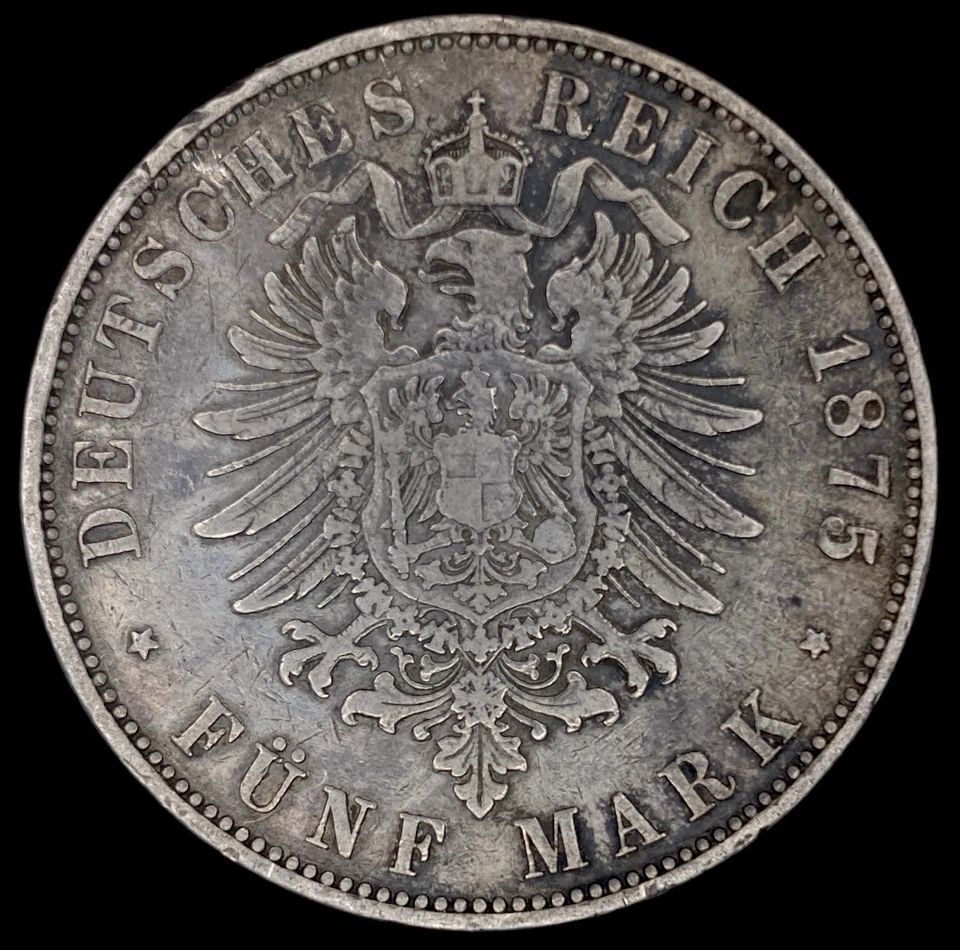 German States 1875 H Hesse-Darmstadt 5 Marks Ludwig III - Image 2 of 2