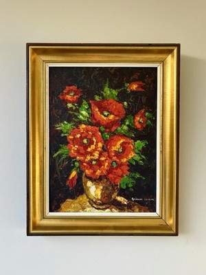 French Vintage  RED EXPLOSION  Oil Painting Flowers Vase by Lacour Framed Art