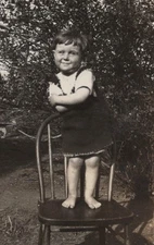 1920s Baby Girl Standing Chair Garden Backyard Candid Portrait