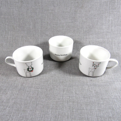 BIA Happy Holidays Rudy Set of 3 Flat Coffee Tea Cups 2 3/8'' H x 3 1/4'' D - EUC