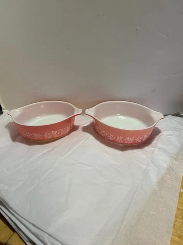 2-Vintage Pyrex 471 (1 pint) Pink Gooseberry Casserole Dishes no lids