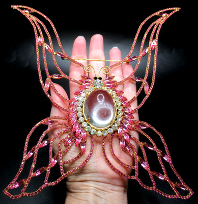 DOMINIQUE Massive 9'' Pink Rhinestone Jelly Belly Butterfly Pendant Pin Brooch